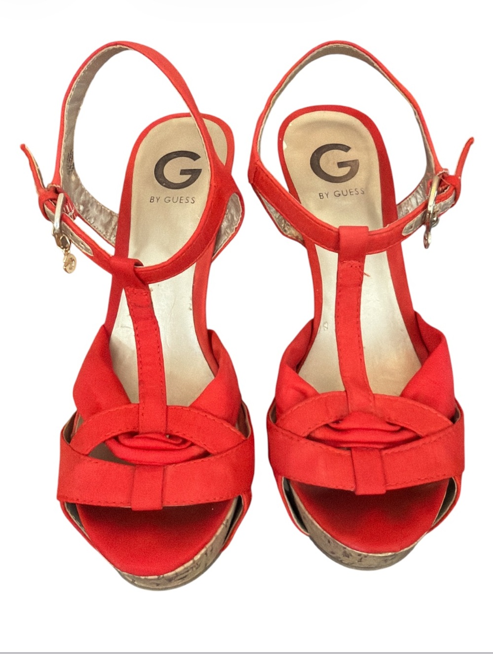 G by GUESS GGCLEAR Coral Red Cork Platform Sandals T-Strap High Heels 7.5